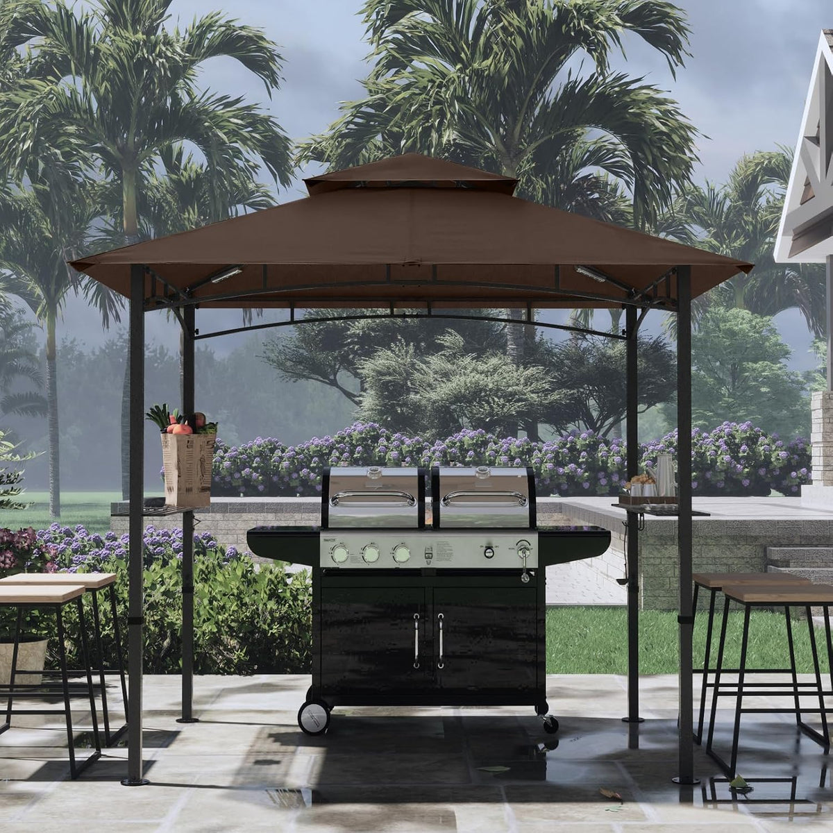 COOSHADE 8'x 5' Grill Gazebo Double Tiered Outdoor BBQ Gazebo Canopy with LED Light (Brown)