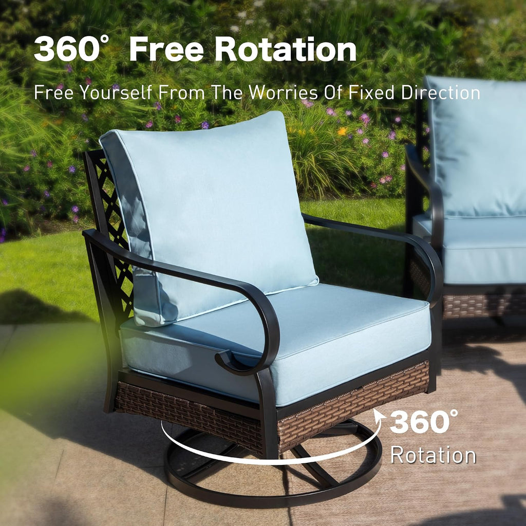 SUNSHINE VALLEY 4 PCS Metal Outdoor Patio Furniture Set, Patio Conversation Sets 1 3-Seater Sofa, 2 Swivel Chairs with 5.75' Extra Thick Cushion & Coffee Table, Black Frame Backyard Furniture, Blue