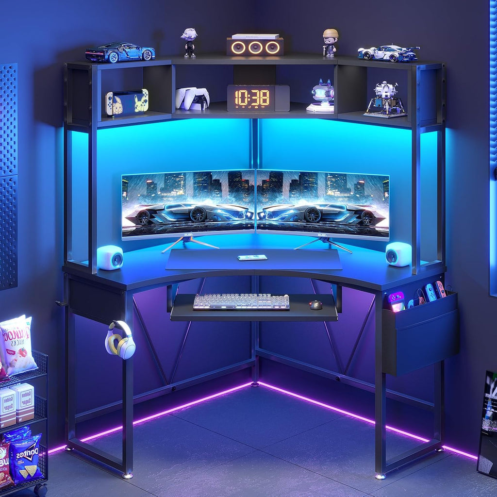 SEDETA Corner Desk, 39' W x 62' H Small Office Desk with Hutch & LED Lights, Triangle Gaming Computer Desk with Keyboard Tray, Storage Bag, and Headphone Hook for Small Space, Black
