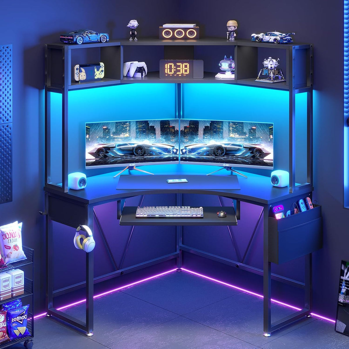 SEDETA Corner Desk, 39' W x 62' H Small Office Desk with Hutch & LED Lights, Triangle Gaming Computer Desk with Keyboard Tray, Storage Bag, and Headphone Hook for Small Space, Black