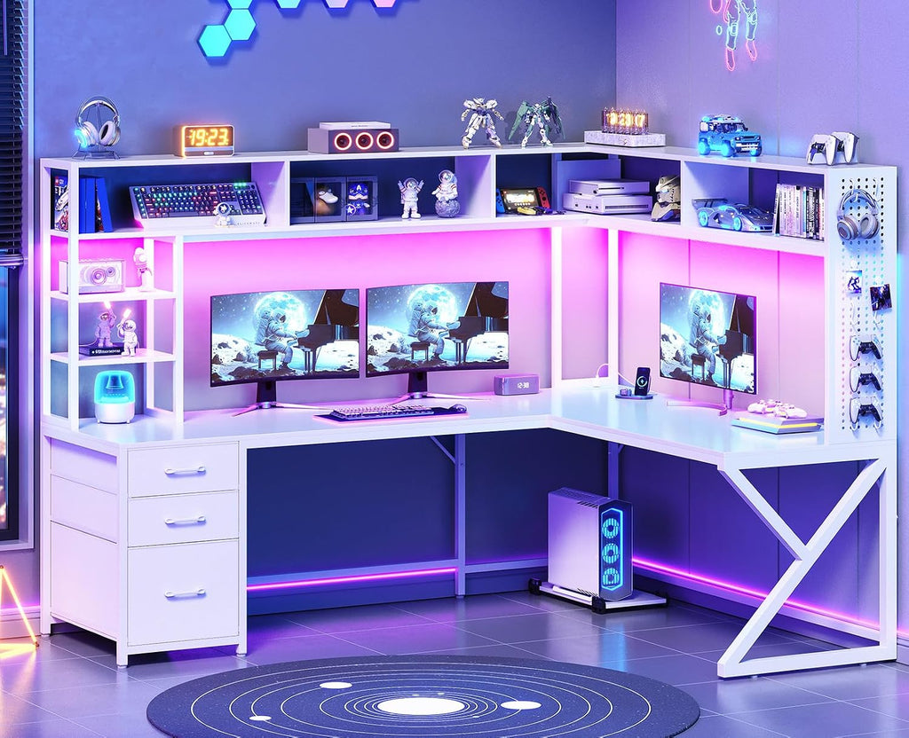 SEDETA Corner Computer Desk, Convertible 94.5' Gaming Desk with Storage Drawers, Hutch and Pegboard, L Shaped Office Desk with Power Outlet, LED Lights for Home Office, White