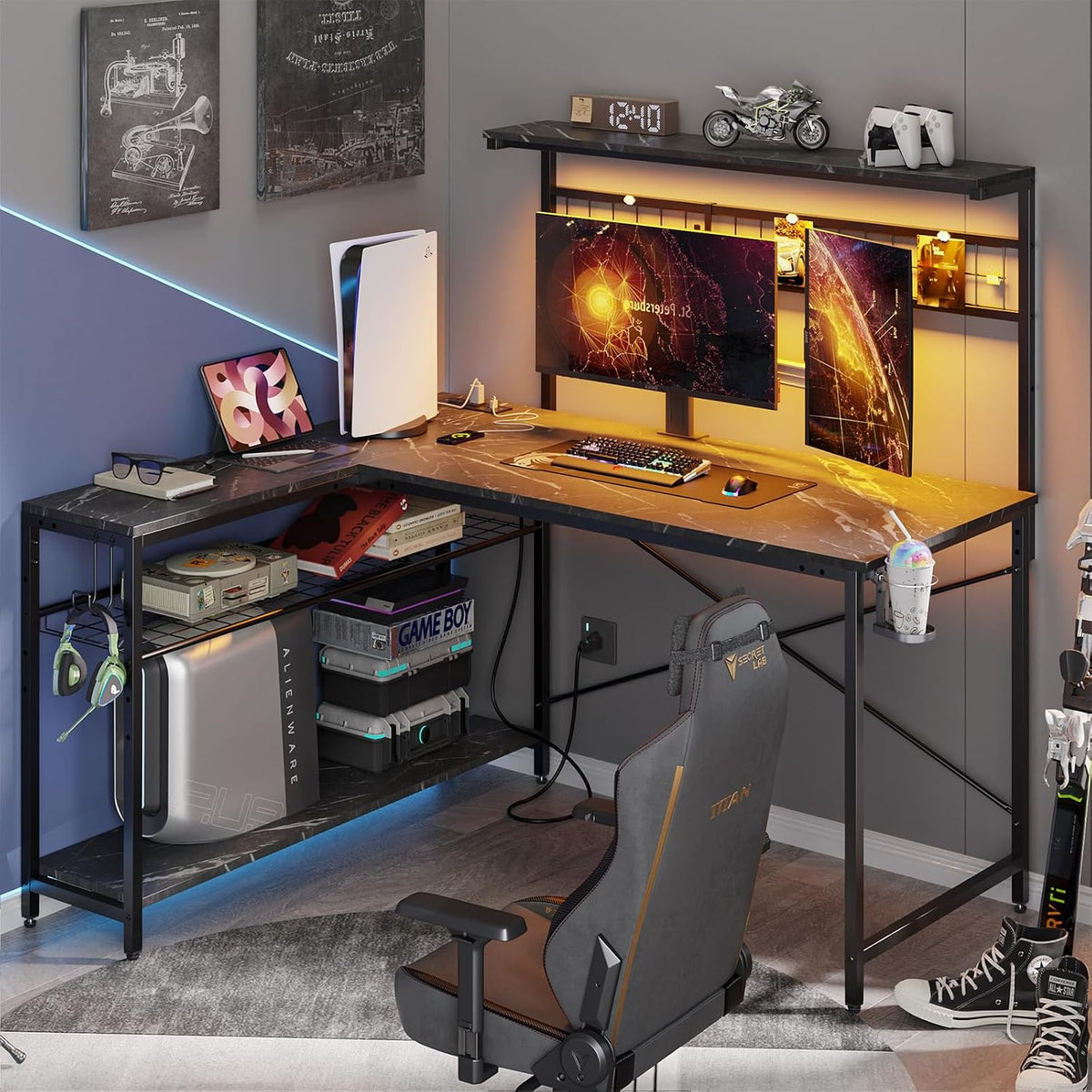 Bestier Gaming Desk 51' L-Shaped, with Power Outlets & LED Lights- 4 Tier Shelves, Reversible Gamer Table with Hooks & Cup Holder for Home Office Black Marble