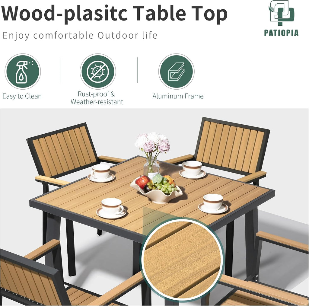6-Piece Patio Dining Set, Outdoor Weather Resistant Plastic-Wood Table & 4 Stackable Chairs, Outdoor Durable Aluminum Frame Furniture for Garden, Poolside, Backyard (Teak, 6 PCS)