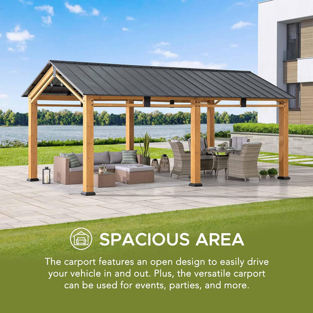 SUNJOY Carport 11 ft. x 20 ft. Standard Wood Gazebo Heavy Duty Garage, Cedar Framed Gazebo Car Shelter with Metal Roof and Movable Ceiling Hook, Shade for Backyard, Patio Lawn and Garden