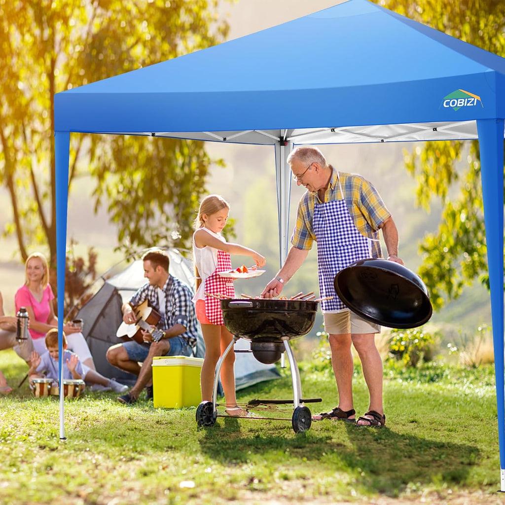 COBIZI 10x10 Pop Up Canopy Tent with 4 Sandbags, Easy Set Up Gazebo, Instant Outdoor Sun Shade &Waterproof Canopy with 8 Stakes,4 Ropes&Carry Bag, Tents for Parties, Beach, Backyard,Camping(Blue