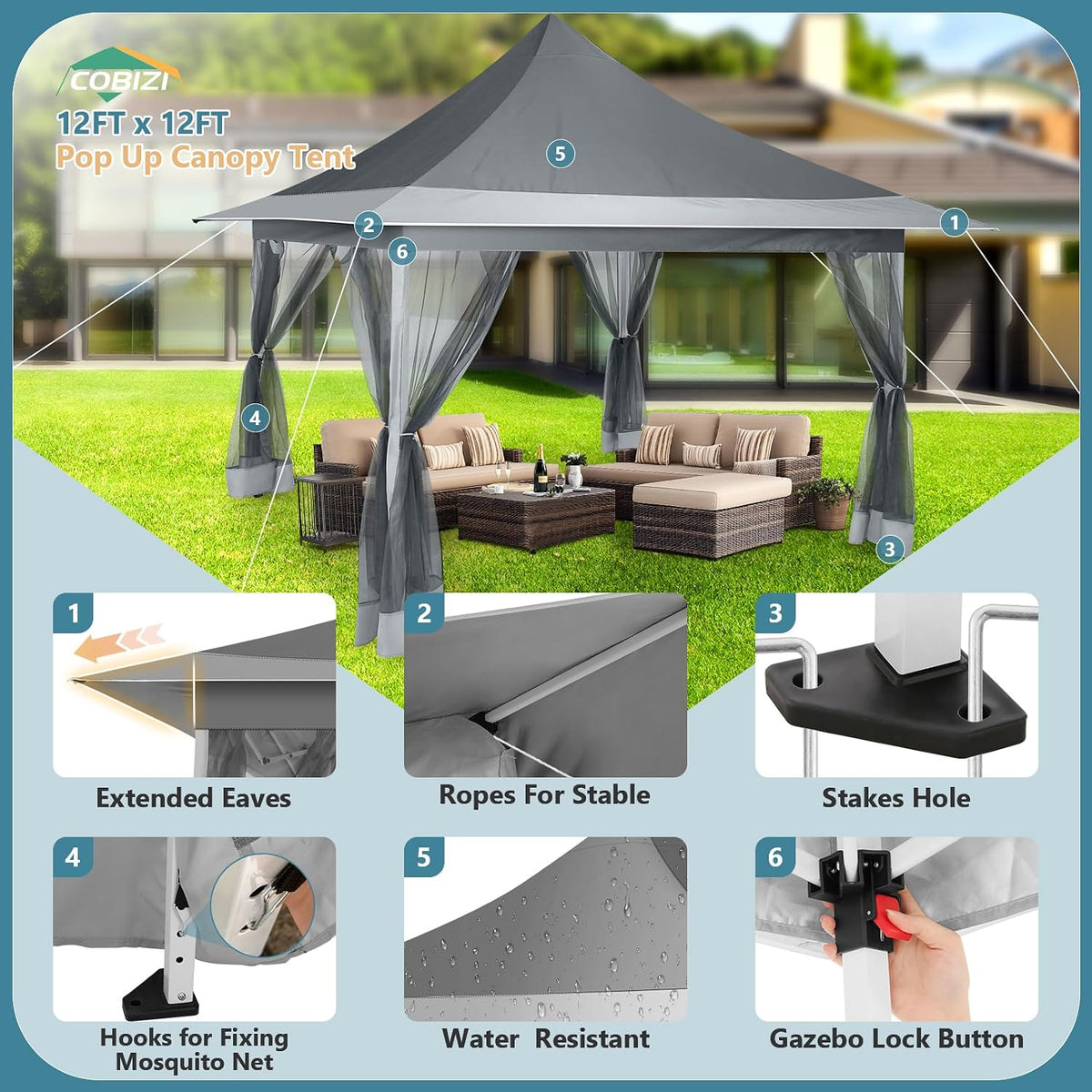 COBIZI 12x12 Pop Up Gazebo On Clearance Canopy Tent Easy Up Outdoor Gazebo Waterproof Upgrade with Mosquito Nettings and Carry Bag for Patio Garden Lawn