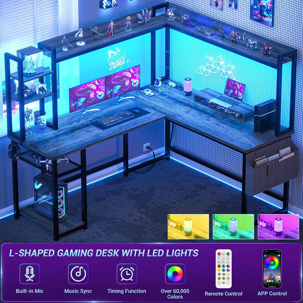 Aheaplus L Shaped Desk with Power Outlet, L Shaped Gaming Desk with Led Light & Hutch, Reversible Home Office Desk, Corner Computer Desk Writing Desk with Monitor Stand & Storage Shelves, Grey Oak