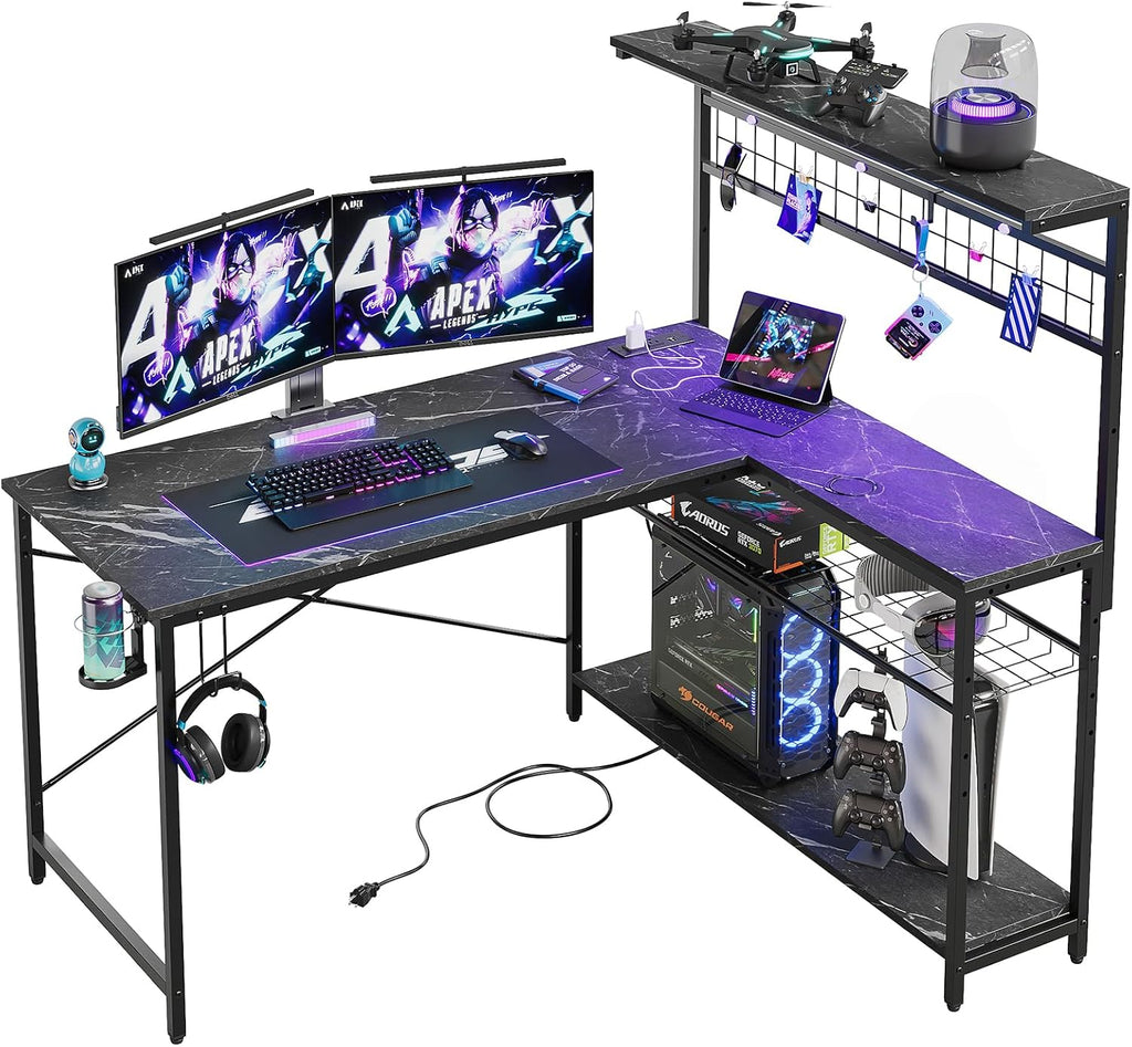 Bestier Gaming Desk 51' L-Shaped, with Power Outlets & LED Lights- 4 Tier Shelves, Reversible Gamer Table with Hooks & Cup Holder for Home Office Black Marble