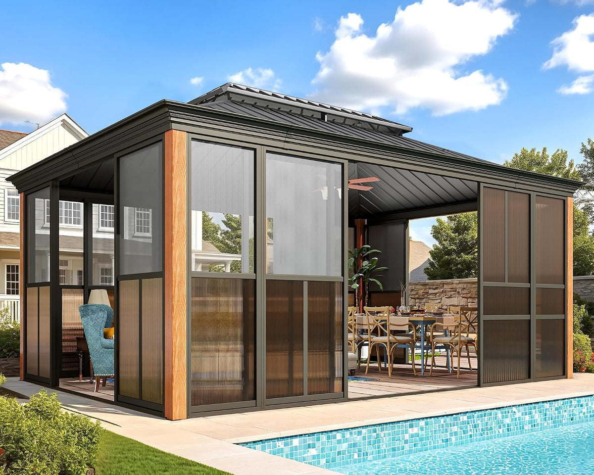 EROMMY 12x16 Wood Grain Sunroom Gazebo, Enclosed Outdoor Hardtop with Sliding Doors, Galvanized Steel Double Roof, Aluminum Frame for Backyard