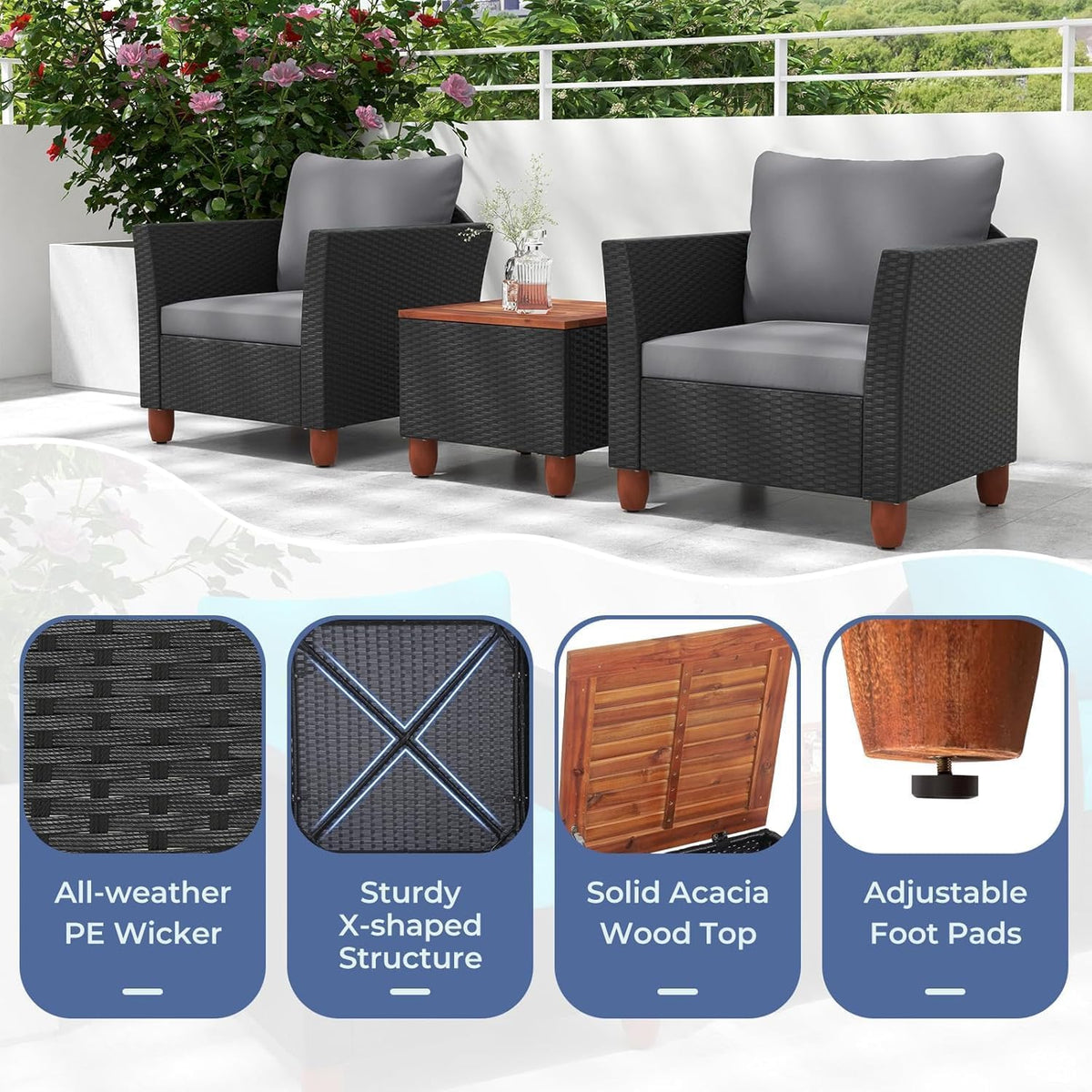 LDAILY Patio 3 Pieces Patio Furniture Set, PE Rattan Outdoor Wicker Sofa Chair with Washable Cushion & Wood Storage Table, Patio Conversation Set for Porch, Yard, Garden (Grey)