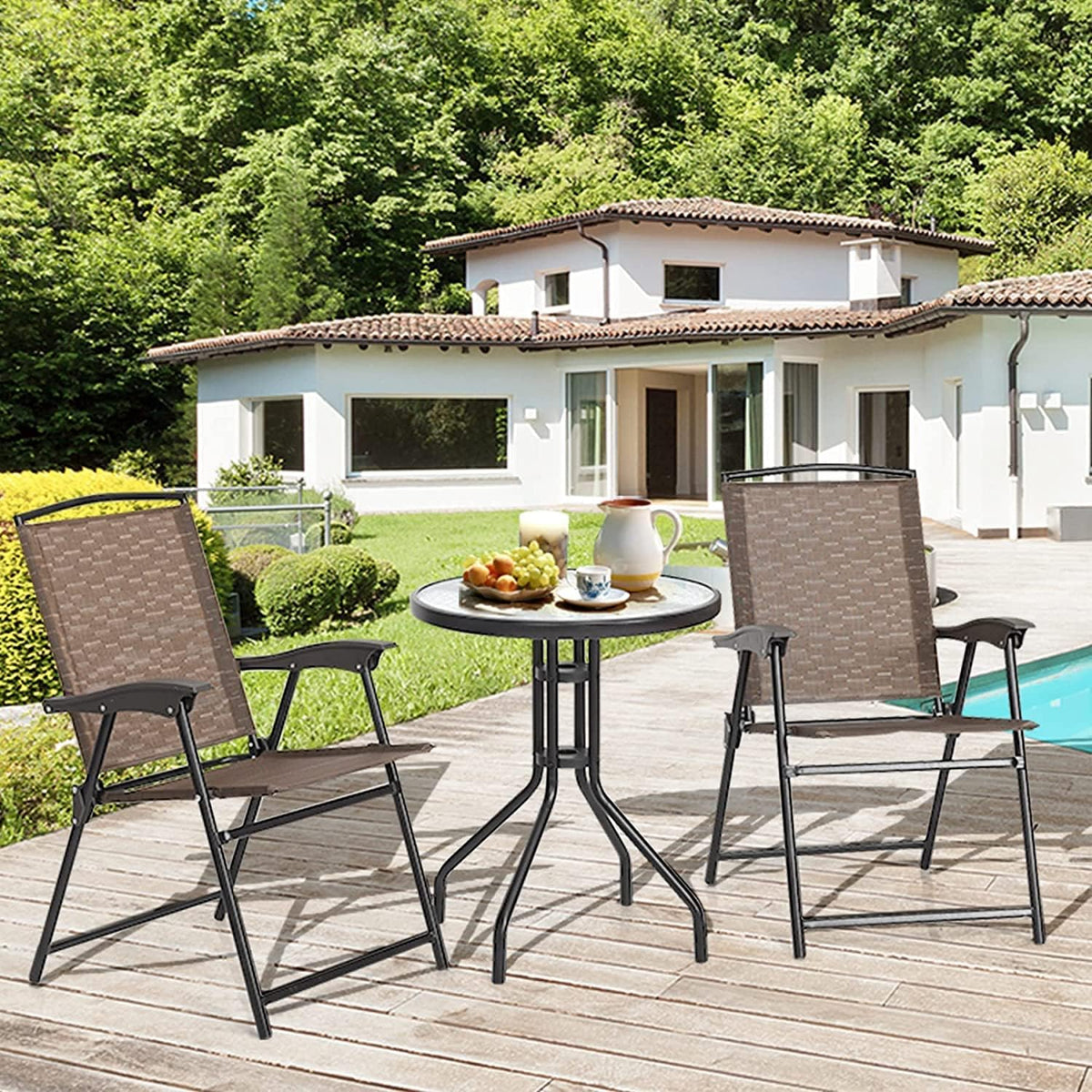 LDAILY LUARANE 3 Piece Patio Bistro Set, Outdoor Table and Chairs Set, 2 Folding Chairs & Coffee Table w/Textured Glass Tabletop, Small Patio Furniture Set for Balcony, Front Porch, Backyard & Garden