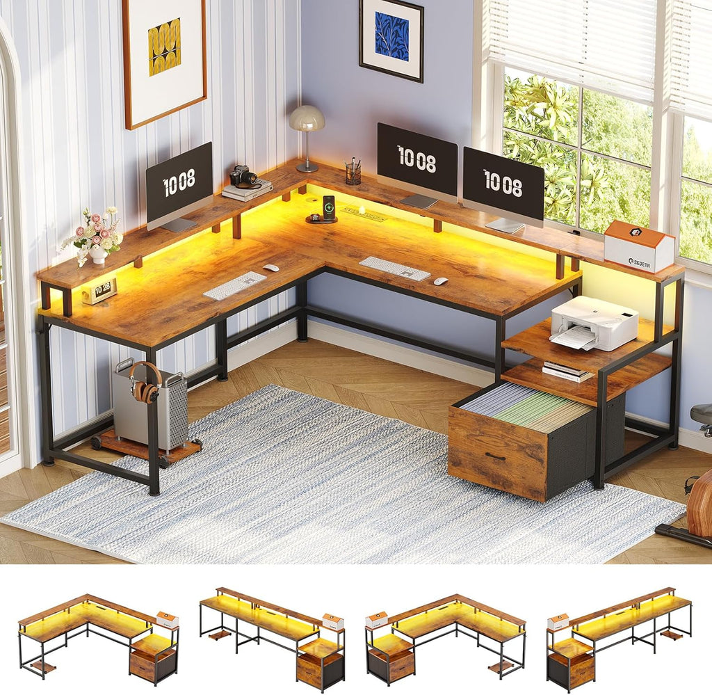 SEDETA 66' L Shaped Desk with Power Outlet, Reversible Home Office Computer Desk with File Drawer & Monitor Shelf, Storage Shelves, LED Lights, Rustic Brown for Corner Small Spaces