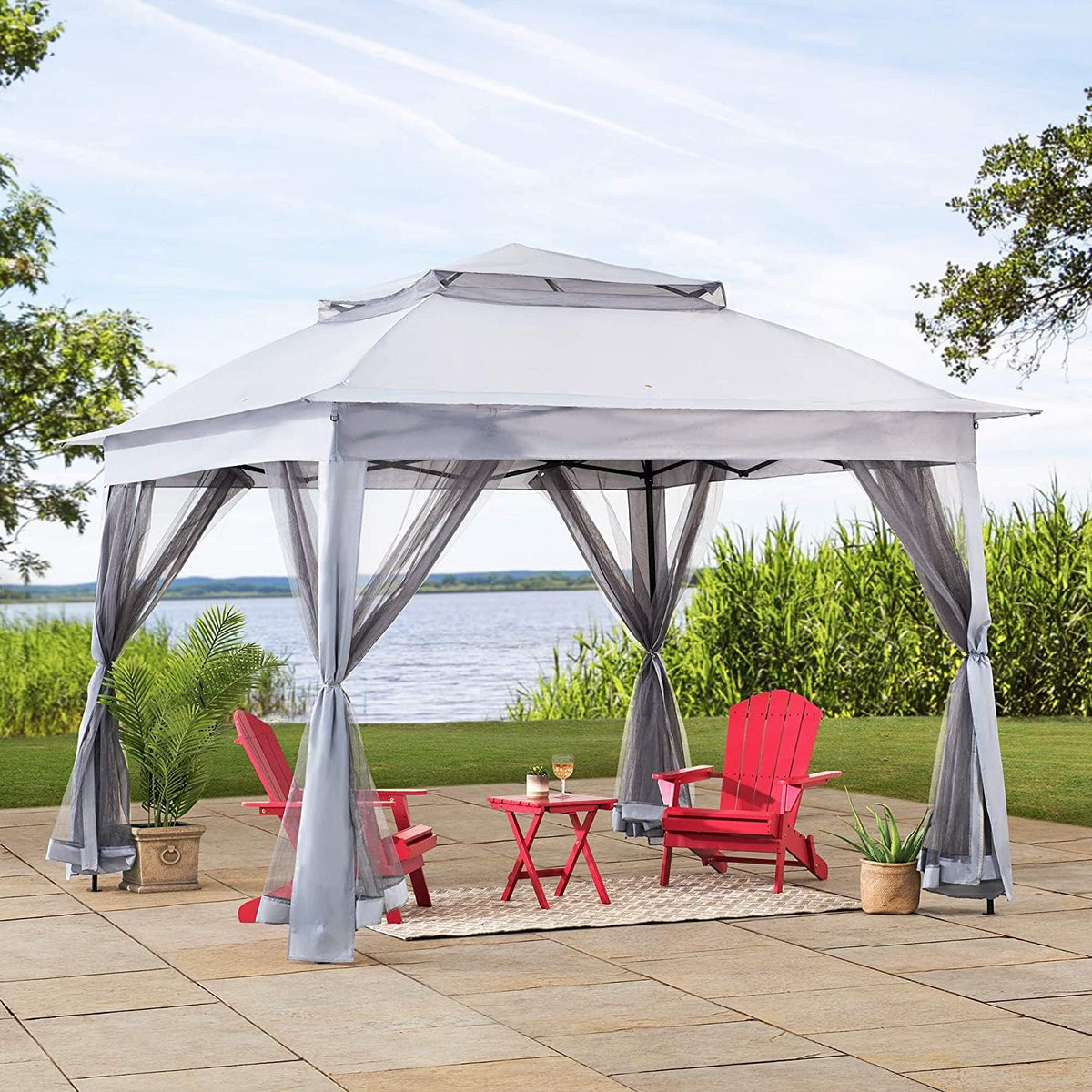 SUNJOY 11x11 ft. Pop-Up Instant Gazebo, Outdoor Portable Steel Frame 2-Tier Top Canopy/Tent with Netting and Carry Bag, Gray