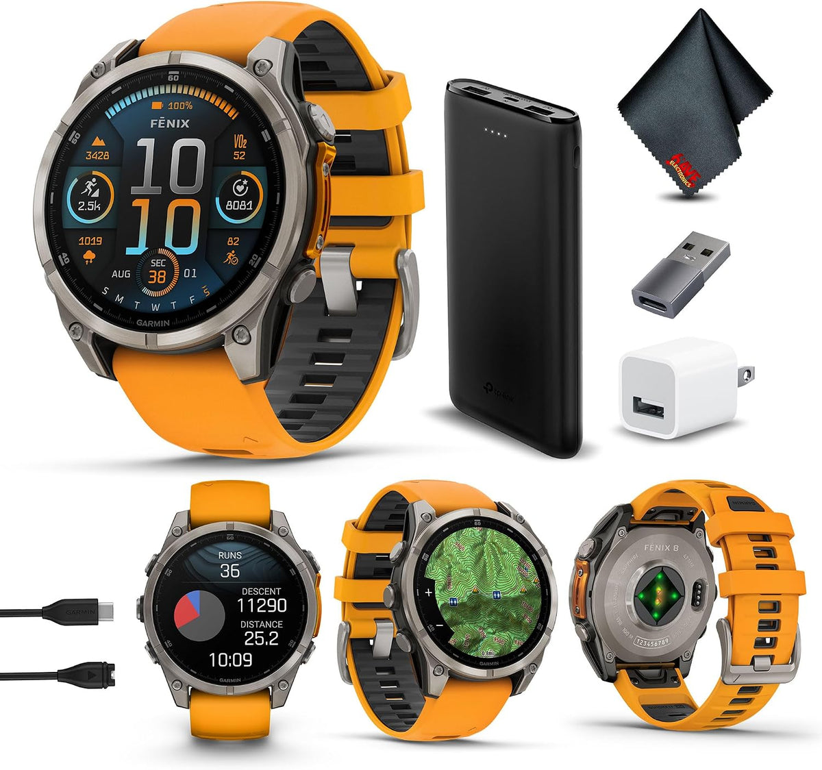 Garmin Fenix 8 47MM AMOLED Sapphire Premium Multisport GPS Smartwatch Titanium with Spark Orange/Graphite Silicone Band, Built-in LED Flashlight, Health & Fitness Smart Watch Bundle for Men & Women