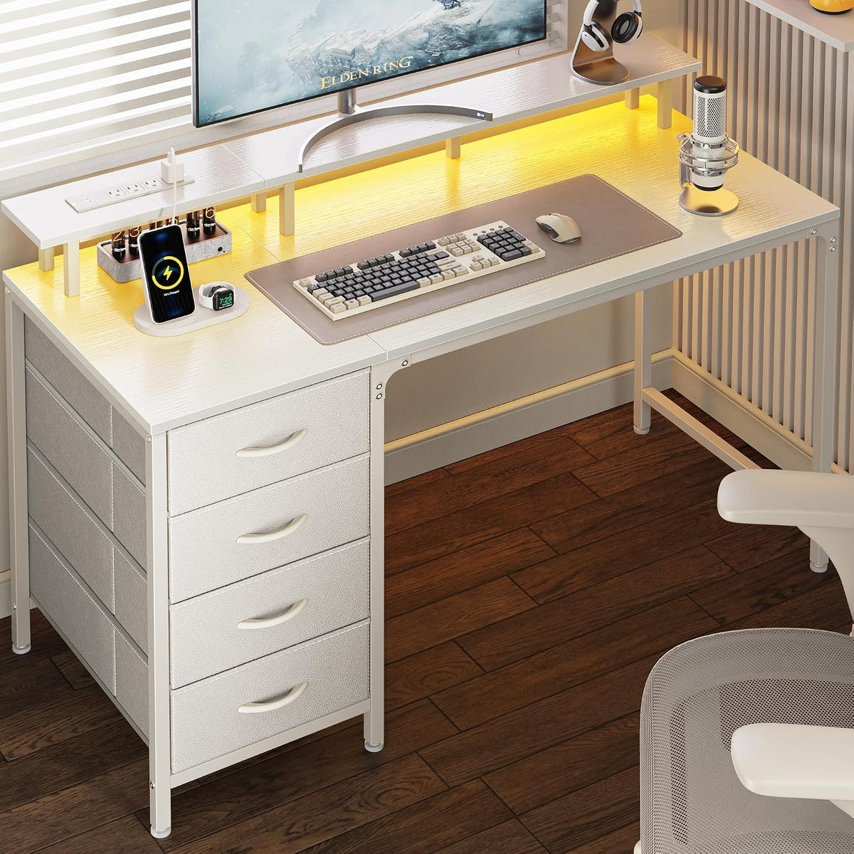 Huuger 47 Inch Computer Desk with Power Outlets and LED Lights, Gaming Desk with 4 Drawers, Office Desk with Monitor Stand, Study Work Home Office, Small Spaces, White