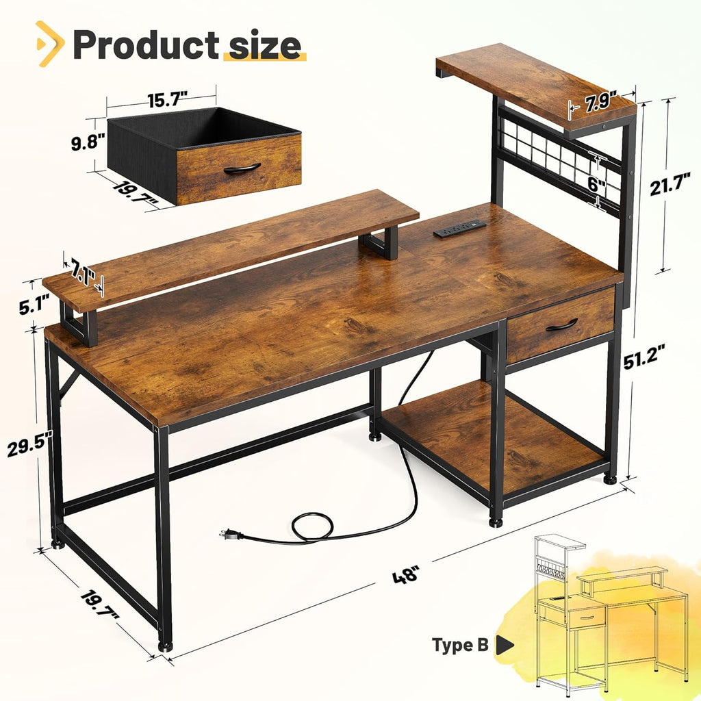 EnHomee 48' Computer Desk with Power Outlets & LED Lights, Gaming Desk with Drawer & Storage Shelves, Reversible Home Office Desk with Monitor Stand, for Living, Study Room, Gaming Room, Rustic Brown