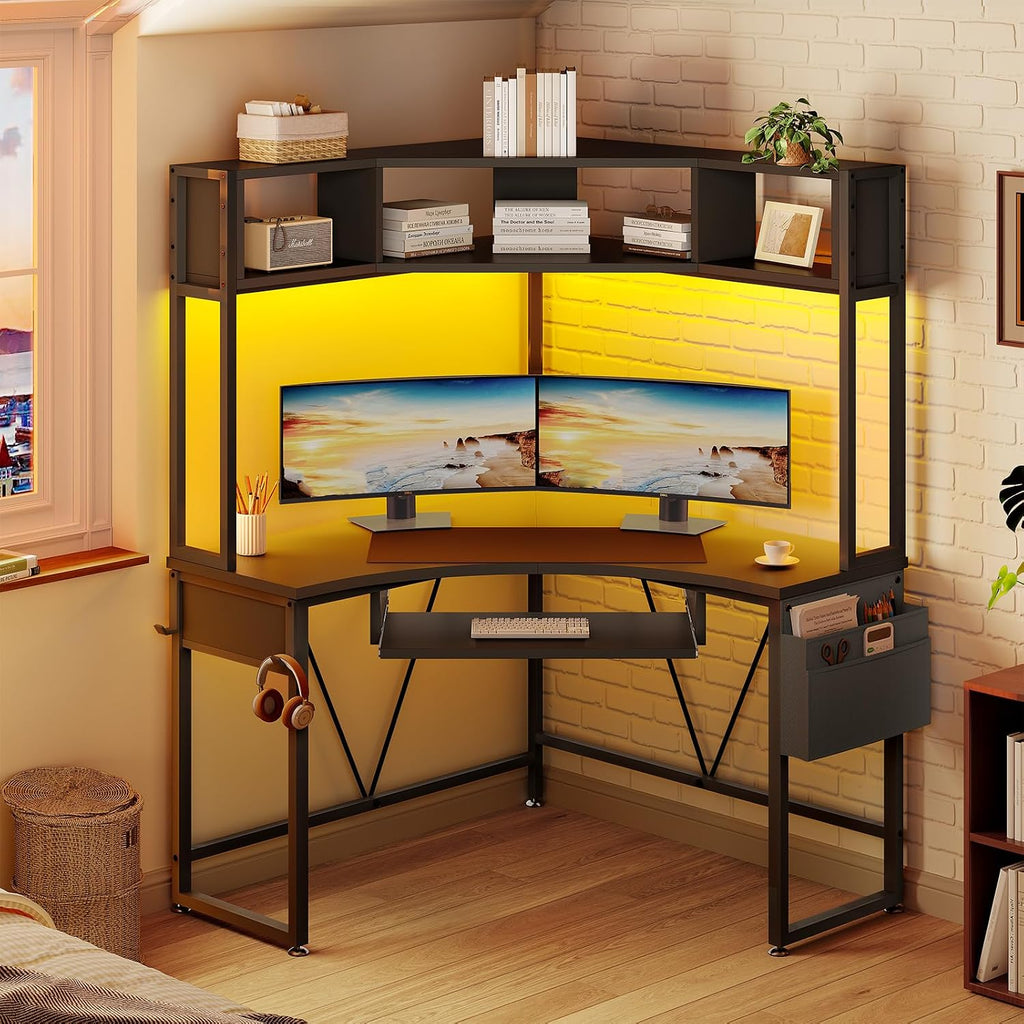 SEDETA Corner Desk, 39' W x 62' H Small Office Desk with Hutch & LED Lights, Triangle Gaming Computer Desk with Keyboard Tray, Storage Bag, and Headphone Hook for Small Space, Black