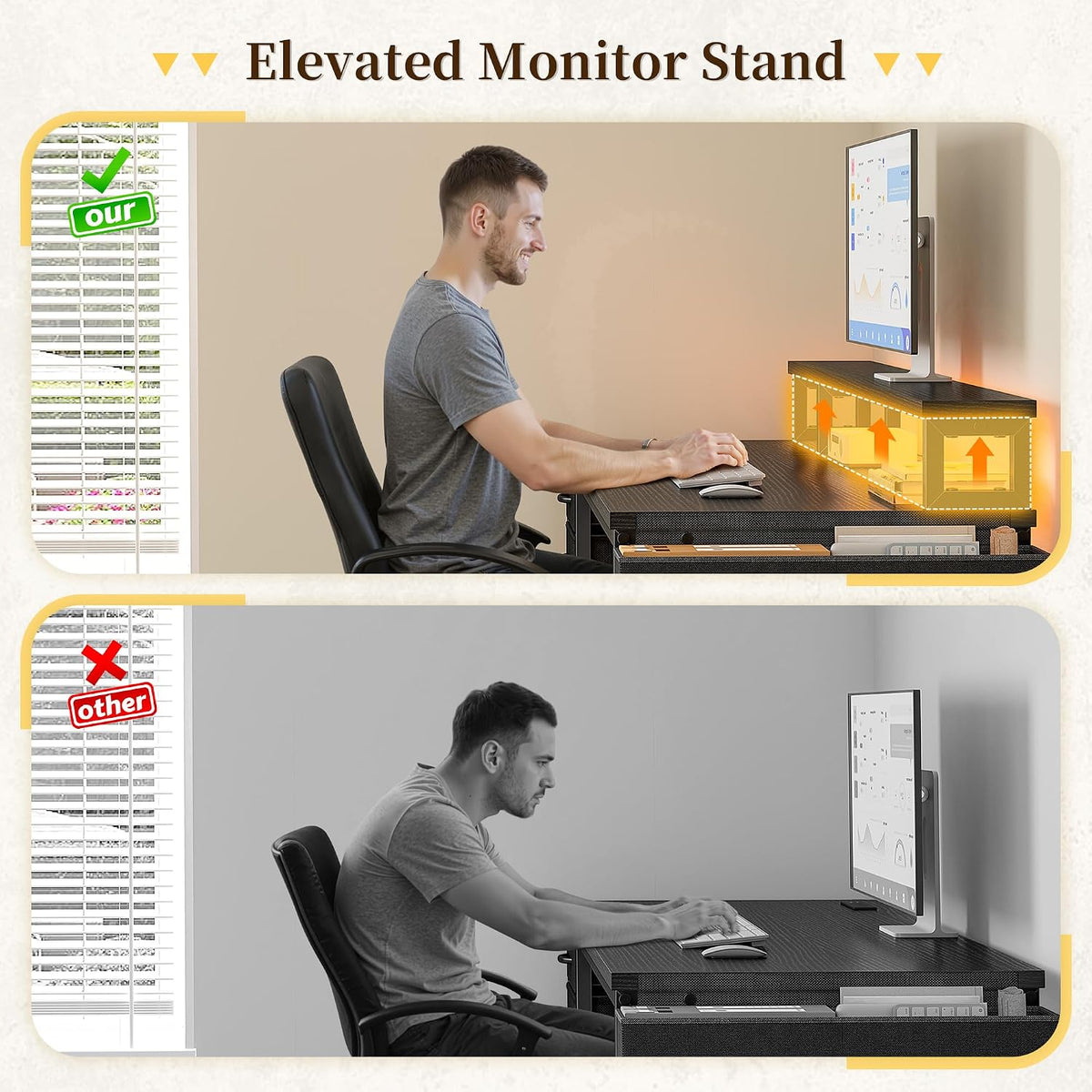 DurayLoly 55' Computer Desk with Drawers & Storage Bag, Gaming Desk with Power Outlets and LED Lights, Office Desk with Monitor Stand for Bedroom Gaming Room, Study Work Home Office, Black