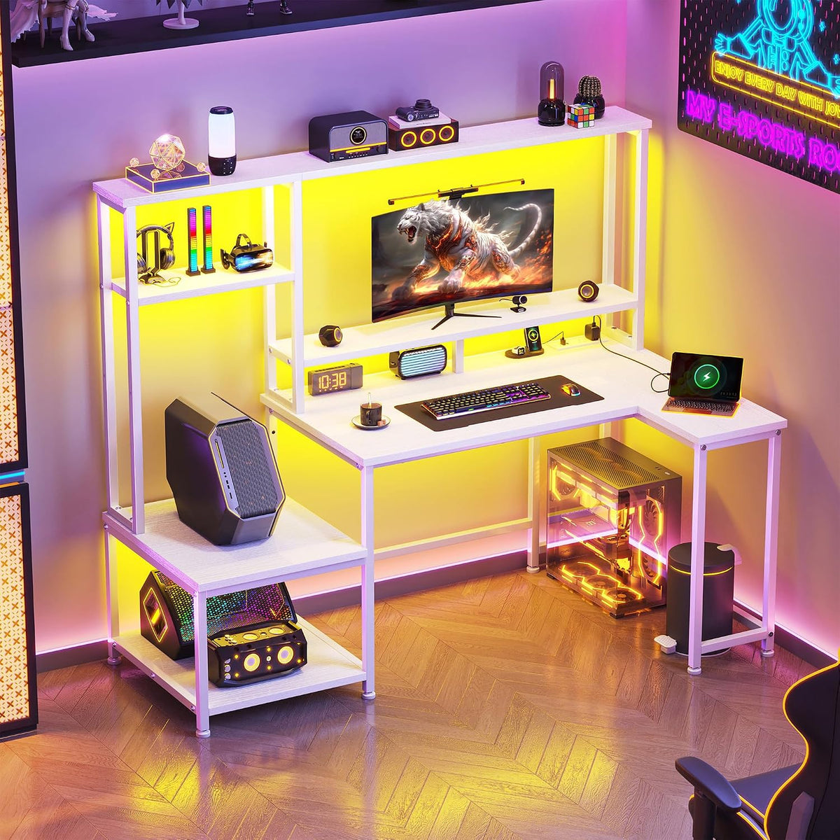 L Shaped Gaming Desk with LED Lights & Outlets,55' Computer Desk with Shelves & Storage Hutch,Reversible Corner Gaming Table with Printer Space & Monitor Stand for Game Room,Home Office,White