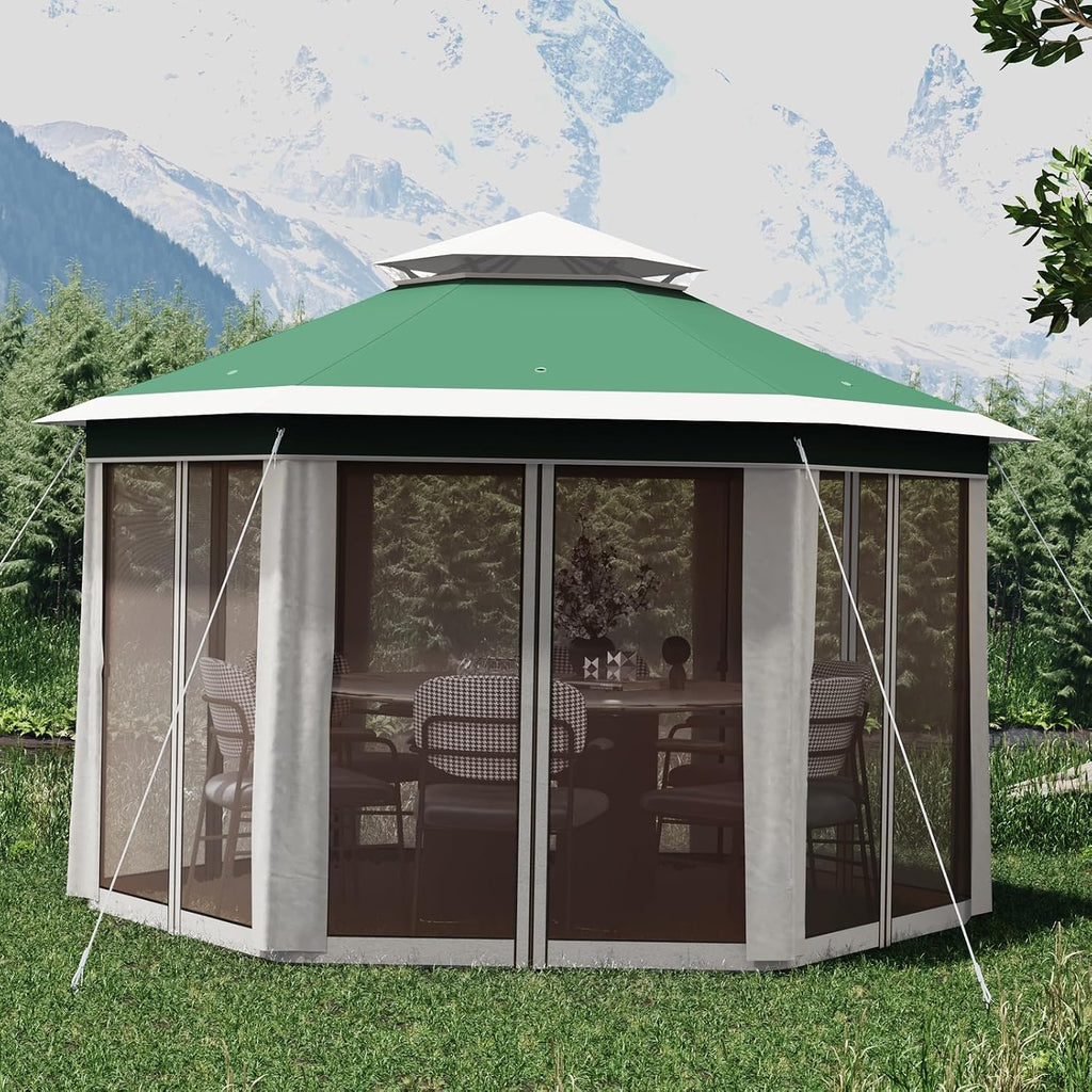 13' x 13' Pop-Up Gazebo, Hexagonal Canopy Shelter with 6 Zippered Mesh Netting, Event Tent with Strong Steel Frame for Backyard, Garden, Lawn, Green and Beige