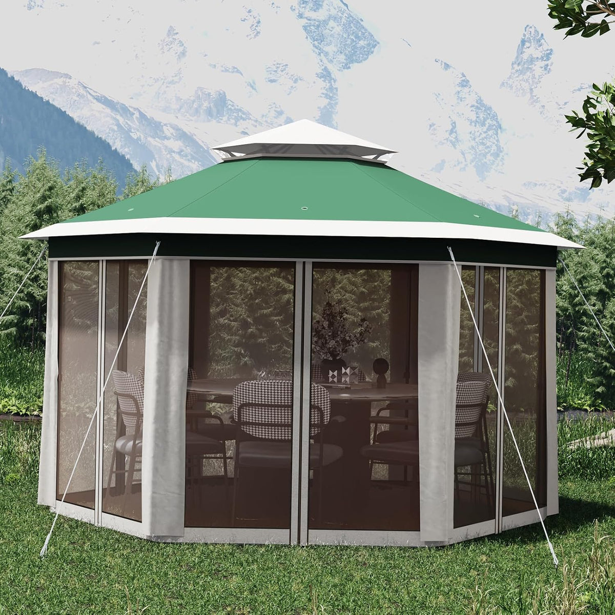 13' x 13' Pop-Up Gazebo, Hexagonal Canopy Shelter with 6 Zippered Mesh Netting, Event Tent with Strong Steel Frame for Backyard, Garden, Lawn, Green and Beige