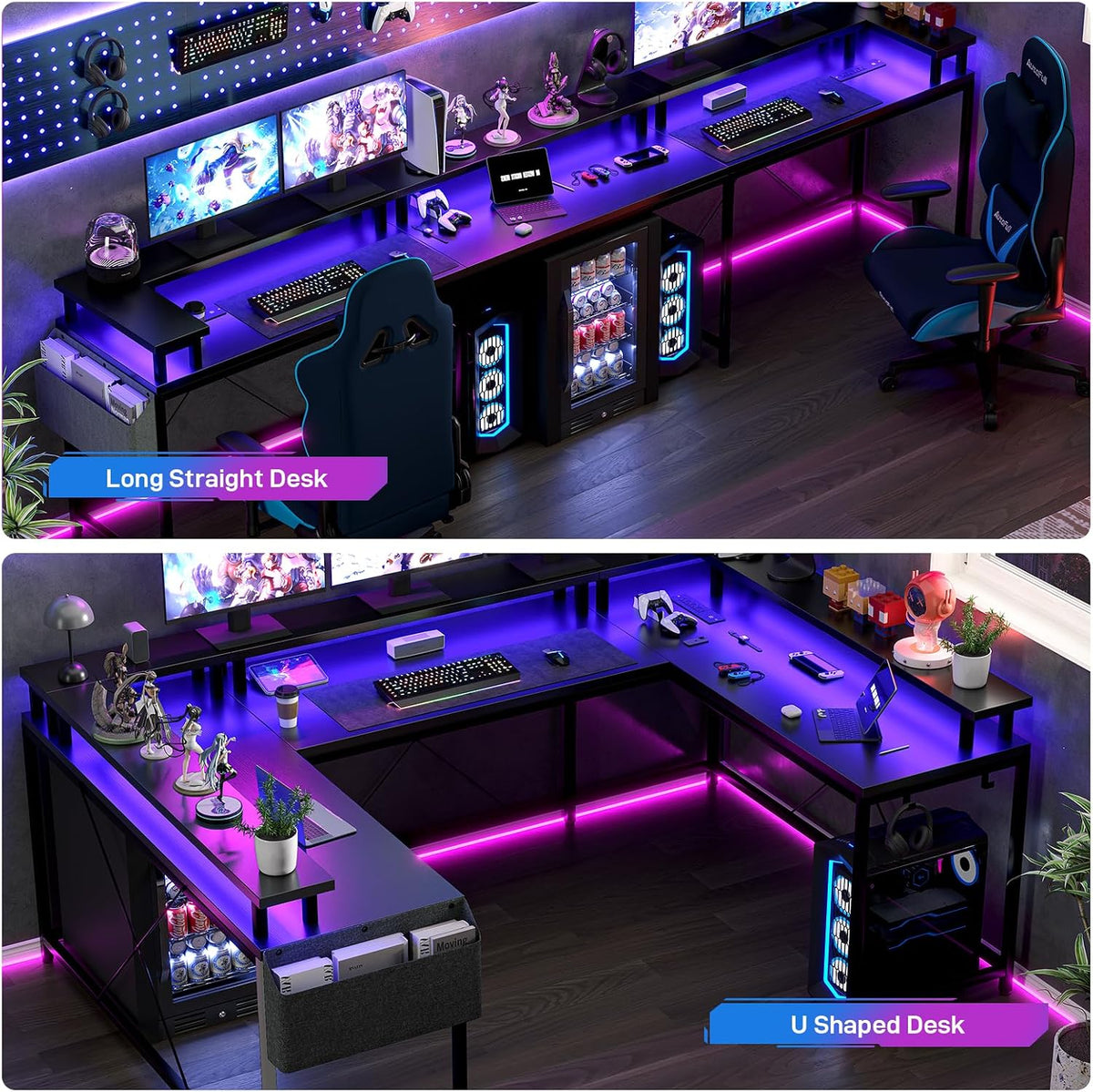 Jojoka U Shaped Computer Gaming Desk, Reversible L Shaped Desk with Power Outlets, LED Strip & Monitor Stand, Large Corner Desk with Storage Shelves for Home Office, Black