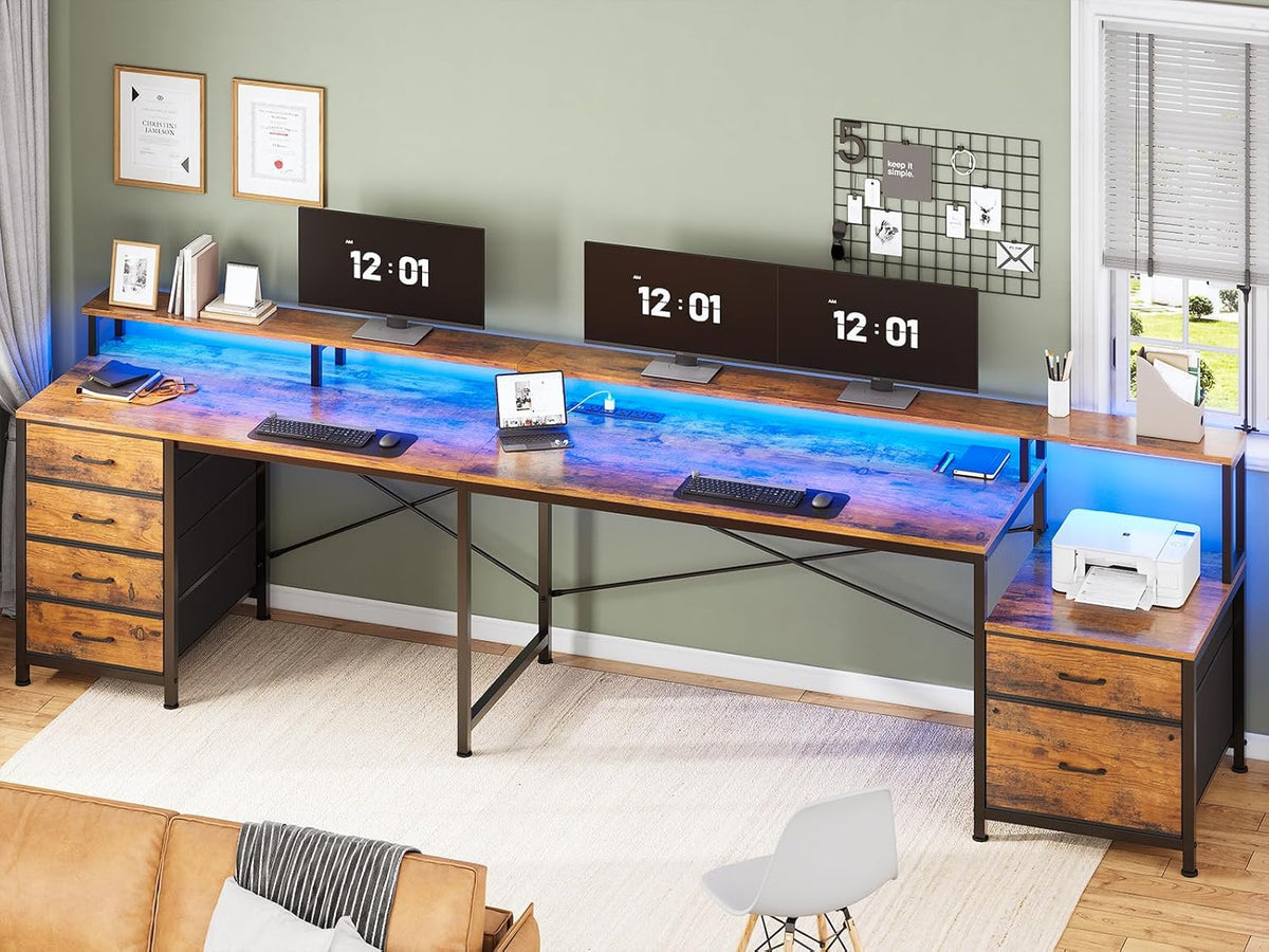SEDETA L Shaped Desk with 6 Drawer, 108' Home Office Desk with File Drawer & Power Outlet, Corner Computer Desk with Monitor Shelf, Two Person Desk, Gaming Desk with Led Lights, Rustic Brown