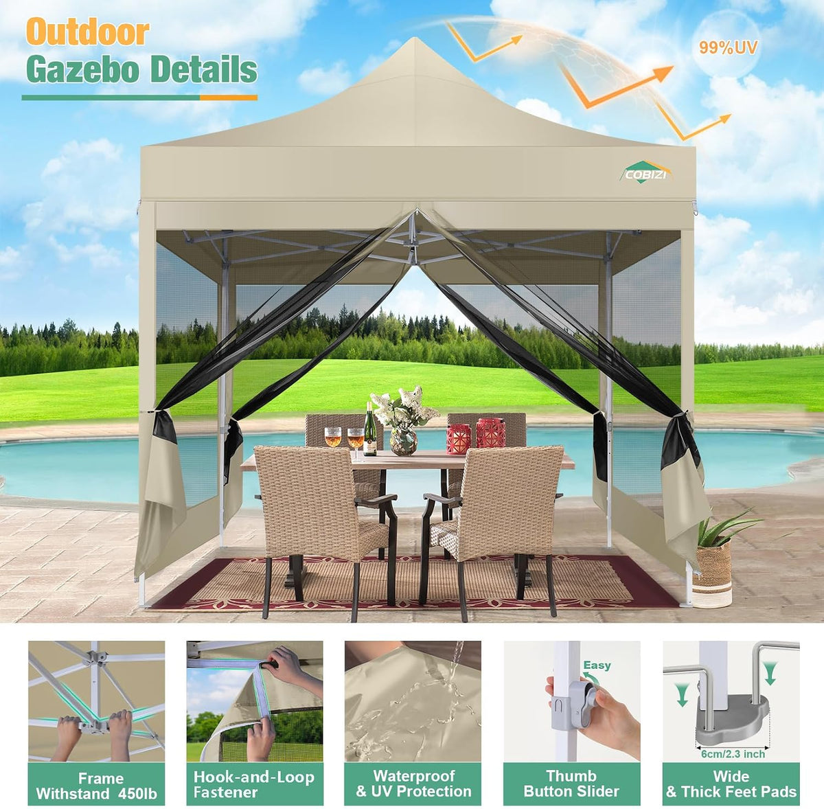 COBIZI 10x10 Canopy Tent, Heavy Duty Pop up Canopy with Sidewalls, Waterproof Easy Setup Canopy with Mosquito Netting, Outdoor Instant Screen Tents for Parties, Wedding, Backyard with Carry Bag, Khaki