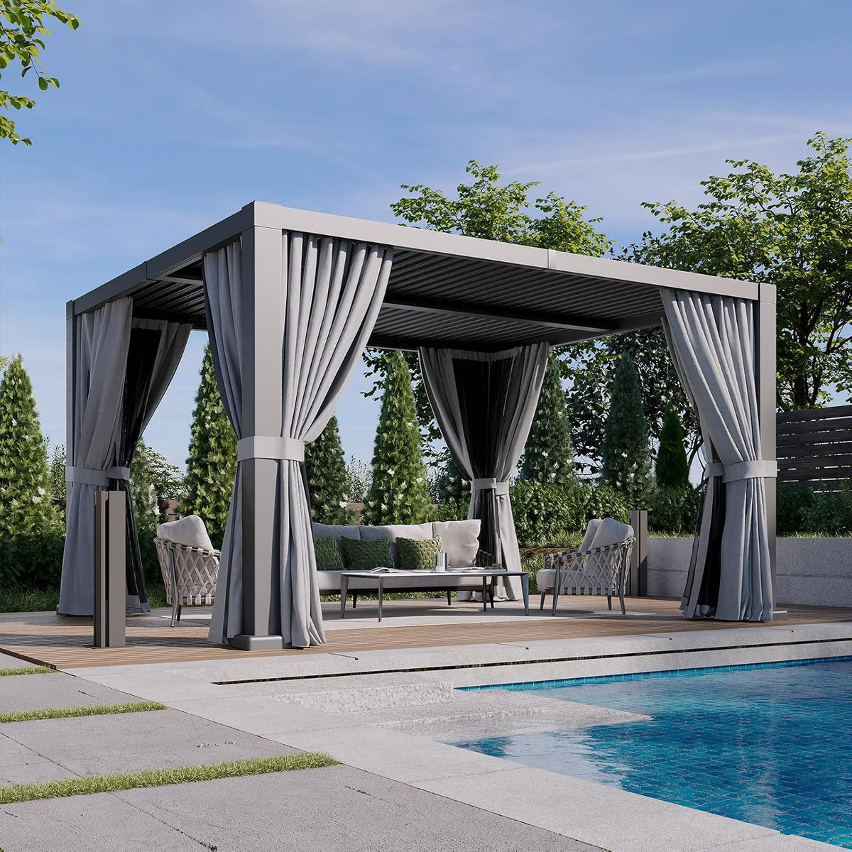 Aoxun Louvered Pergola 12' x 14' Outdoor Aluminum Pergola Adjustable Roof, with Waterproof Curtains and Nets, for Decks, Gardens, Gray