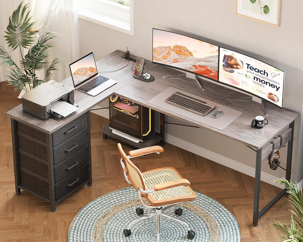 AODK L Shaped Gaming Desk with 4 Drawers, 61' Reversible Home Office Desks with Power Outlets, L Shaped Computer Desk with USB Charging Port and Host Stand, Corner Desk, Easy to Assemble, Grey