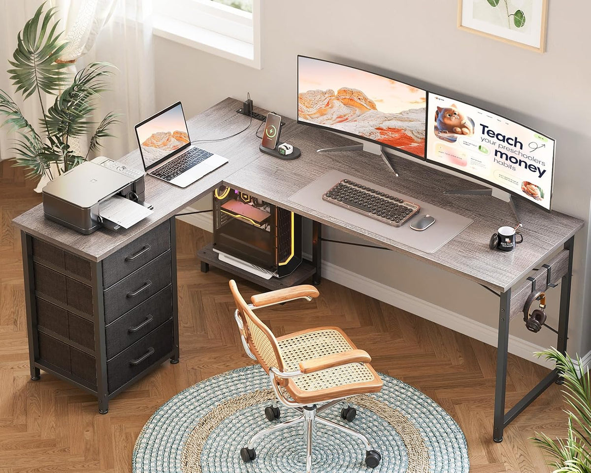 AODK L Shaped Gaming Desk with 4 Drawers, 61' Reversible Home Office Desks with Power Outlets, L Shaped Computer Desk with USB Charging Port and Host Stand, Corner Desk, Easy to Assemble, Grey