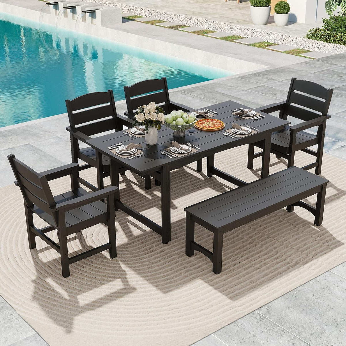 HIPS All-Weather Patio Dining Table Sets 6-Piece,Outdoor Table and Chairs,Dining Furniture Set with Umbrella Hole,Patio Table and Chairs Sets for 6|for Lawn, Garden, Backyard, Poolside