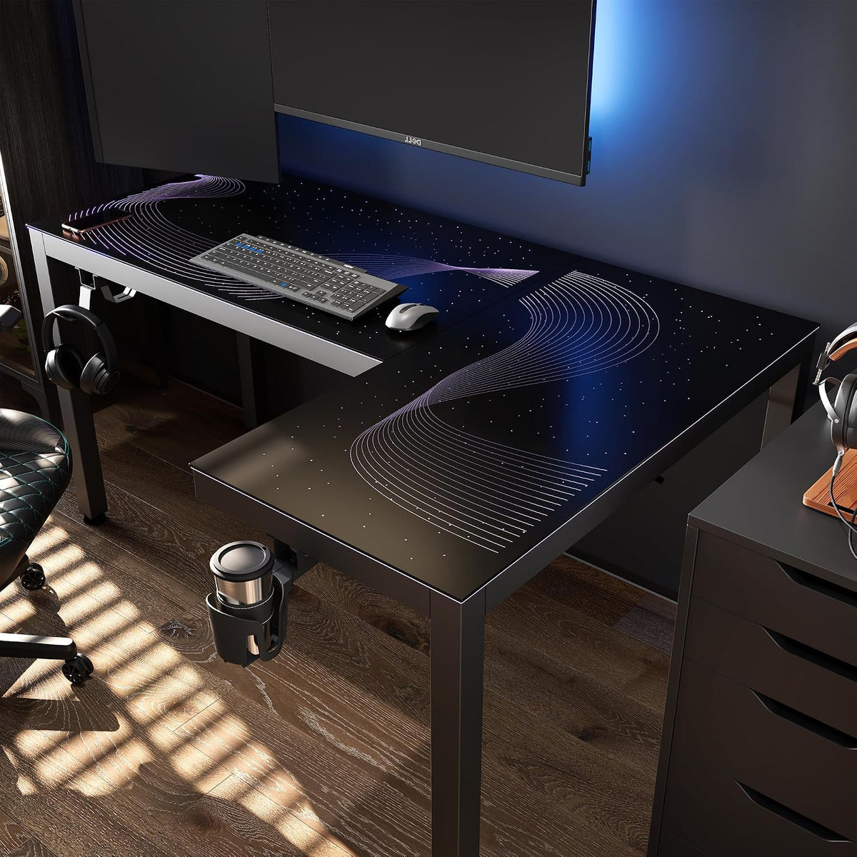 EUREKA ERGONOMIC GTG L Shaped Gaming Desk with LED Glass, Right Side