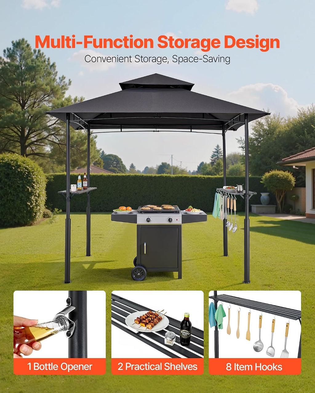 VEVOR Grill Gazebo, 8 x 5 ft Reinforced Outdoor BBQ Gazebo with Double-Tiered Roof, Powder-Coated Steel Patio Grill Shelter with 2 Side Shelves & 8 Hooks, Grilling Canopy for Patio Backyard Garden