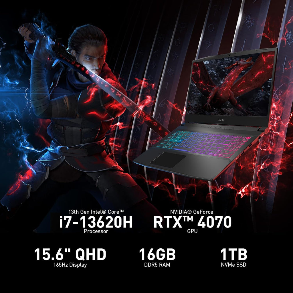 msi Katana 15 15.6' 165Hz QHD Gaming Laptop: Intel Core i7-13620H, NVIDIA Geforce RTX 4070, 16GB DDR5, 1TB NVMe SSD, Cooler Boost 5, Win 11: Black B13VGK-2000US