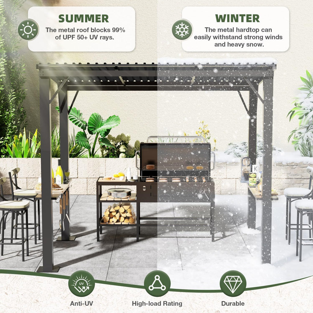 EBE 5'x8' Hardtop Grill Gazebo, Outdoor Gazebo with Side Shelves, BBQ Grill Canopy with Bottle Opener & Hooks, Metal Gazebo Pergola for Patio, Backyard, Deck