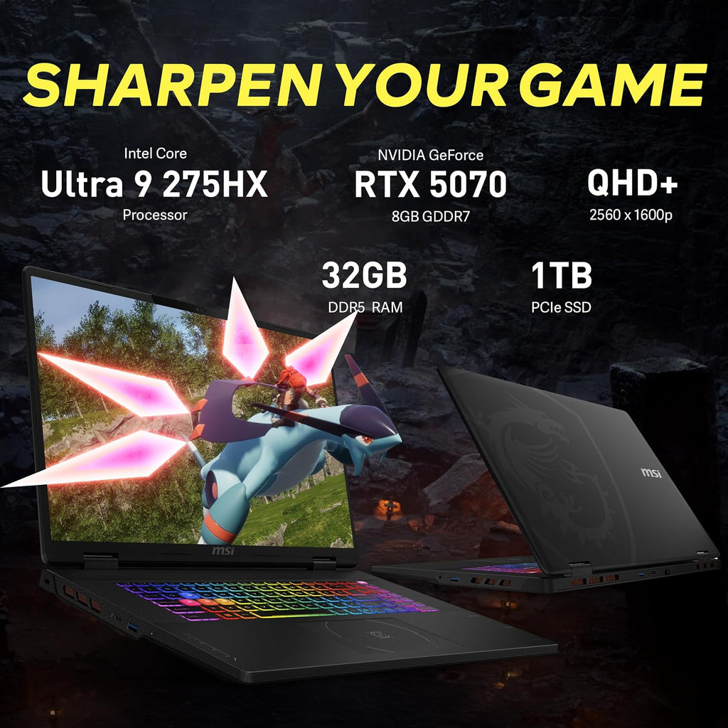 msi Crosshair 18 HX AI 18' QHD+ 240Hz Gaming Laptop, Intel Ultra 9 275HX, NVIDIA RTX 5070 8GB GDDR7, 32GB DDR5, 2TB Storage (1TB SSD+1TB Docking Station), RGB Backlit Keyboard, Windows 11 Pro, Black