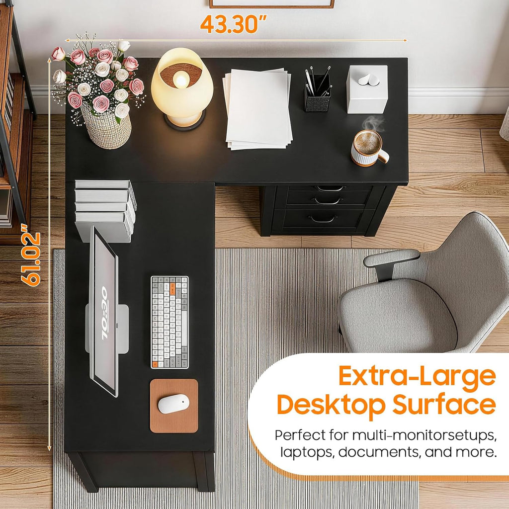 Vabches 61'Farmhouse L Shaped Executive Desk with File Drawers, Corner Computer Desk with Mobile CPU Stand, Wood Writing Computer Desk for Work, Study.Pure Black