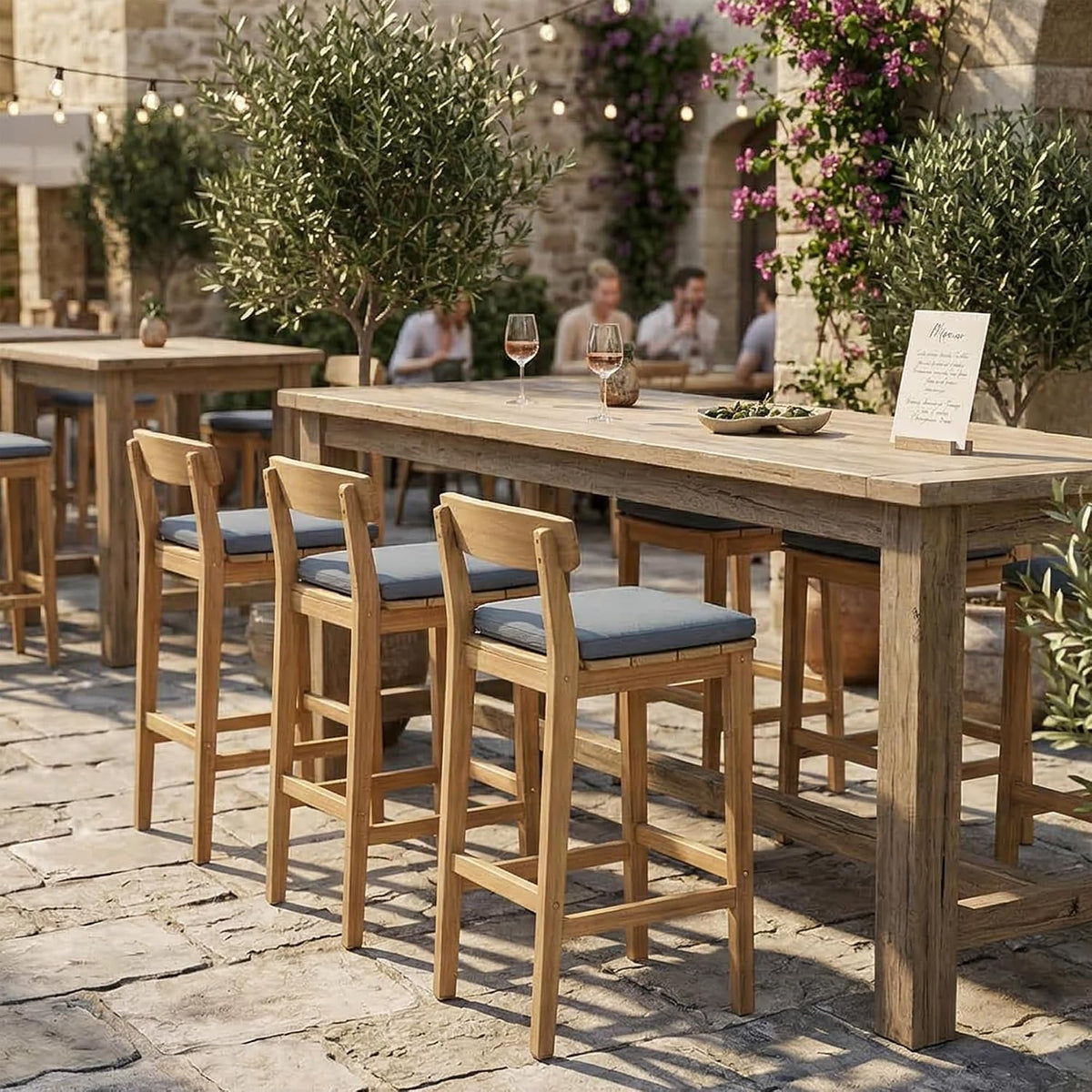 Patio Bar Stools Set of 6, Solid Acacia Wood Patio Barstools with Footrest, 28.5' Counter Height Outdoor Bar Stools, High Top Patio Bar Chairs for Balcony/Deck/Kitchen Island/Bistro, Grey