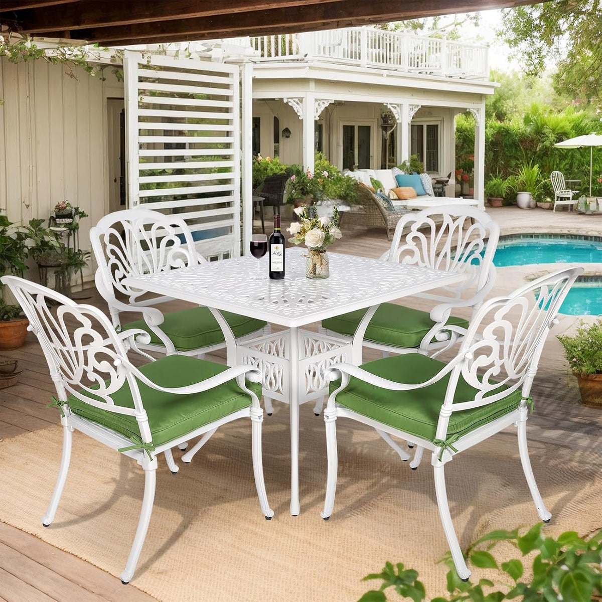 VIVIJASON 5-Piece Patio Furniture Dining Set, All-Weather White Cast Aluminum Outdoor Conversation Set, Include 4 Cushioned Chairs and a 35.4' Square Table w/Umbrella Hole for Balcony Lawn Garden