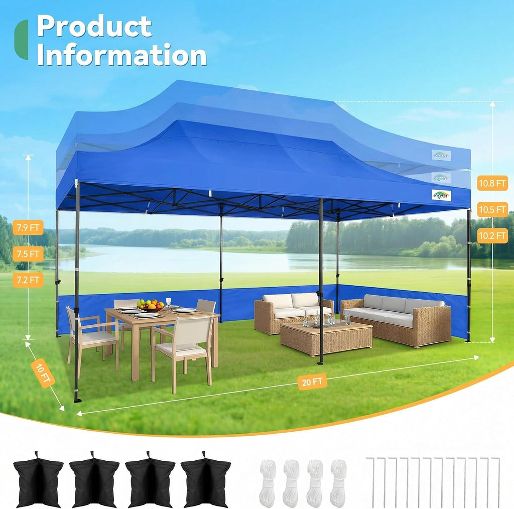 COBIZI 10x20 Heavy Duty Pop Up Canopy Tent with 6 Sidewalls Thicken Frame, Commercial Easy Up Outdoor Wedding Party Tents, All Season Waterproof Windproof with Stakes Sandbags Ropes Roller Bag, Blue