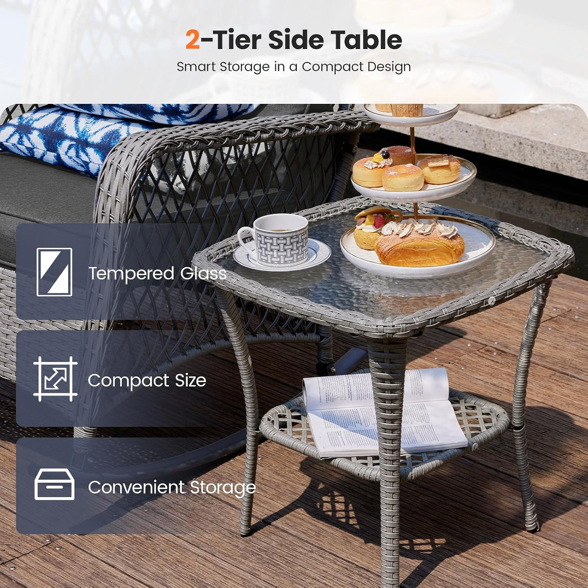 UDPATIO Rocking Chair Outdoor Set 2 with Coffee Table, 3 Piece Wicker Rocking Bistro Set with 4' Water-Resistant Cushions, Oversized, 350lbs Heavy-Duty, for Porch, Patio, Balcony, Grey