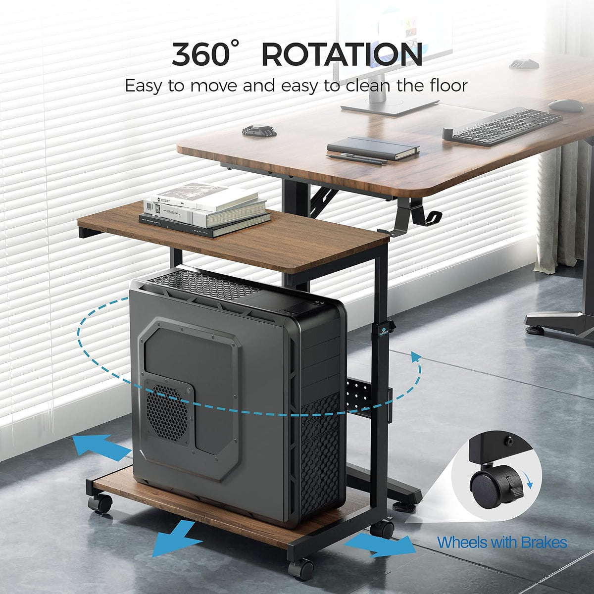 EUREKA ERGONOMIC PC Stand Computer Cart, Height Adjustable Tower Stand 2-Tier Suit for ATX Case Printer, Metal Rolling Cart on Wheels for Gaming Home Office, Walnut