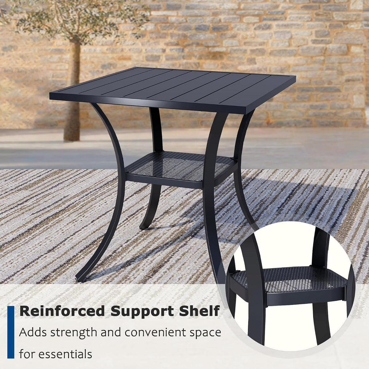 3 Piece Outdoor Dining Set, Patio Table and Chairs Set of 2, 27.6' Black Square Patio Table with 2 Black Stackable Patio Chairs for Lawn, Garden, Porch