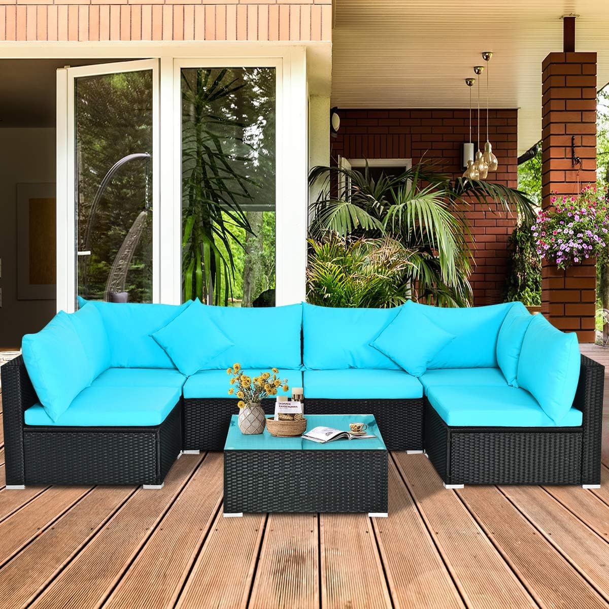 HAPPYGRILL 7 Pieces Patio Furniture Set Outdoor Rattan Wicker Sectional Sofa Set with Cushions & Pillows & Coffee Table for Garden Lawn