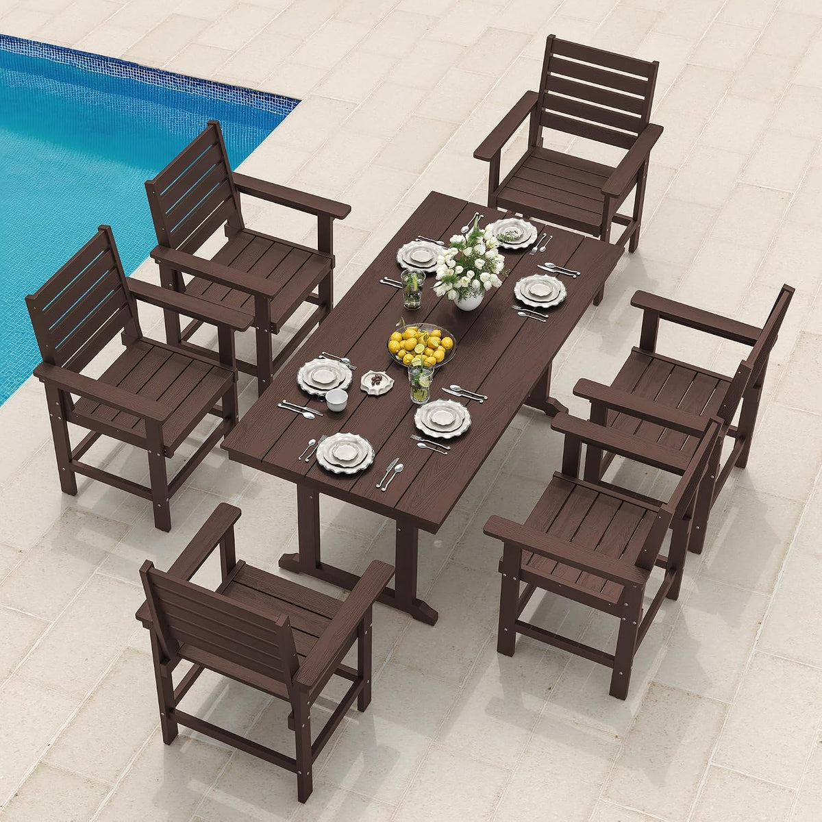7 Piece Outdoor Dining Set, HDPS Patio Table and Chairs Set, 66' Patio Table with 1.96' Umbrella Hole & 6 Chairs, All Weather Furniture for Garden, Backyard, Poolside (Coffee Brown)