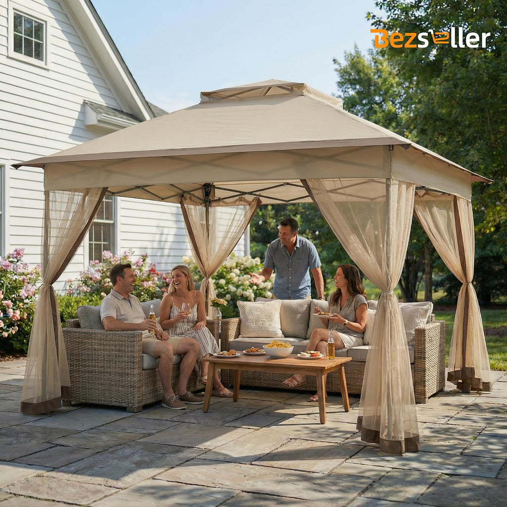 Bezseller 11x11 Pop Up Gazebo with Mosquito Netting – Easy 1-Person Setup, Water-Resistant Backyard Canopy for Family Patio & Garden Use,Khaki