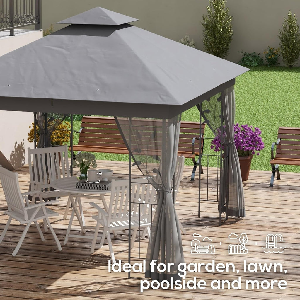 Outsunny 10' x 11.5' Metal Patio Gazebo, Double Roof Outdoor Gazebo Canopy Shelter with Tree Motifs Corner Frame and Netting, for Garden, Lawn, Backyard, and Deck, Gray