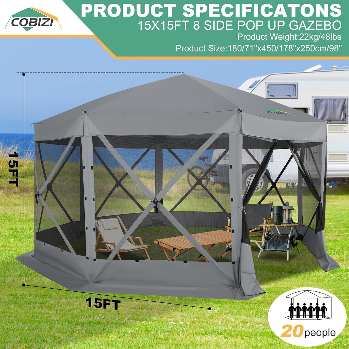 COBIZI 15x15ft Extra Large Pop-Up Gazebo Canopy Tent with Mosquito Netting, Spacious Easy Set-Up Screened Shelter, Durable Outdoor Pavilion with Ground Stakes, Perfect for Patio, Backyard, and Lawn