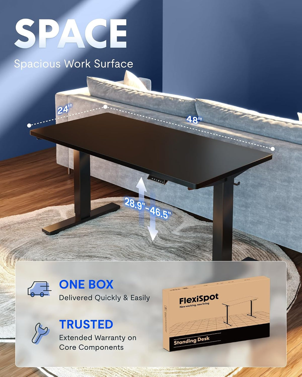 FLEXISPOT EN1 One-Piece Standing Desk, Electric Adjustable with 4 Memory Presets, 176 LBS Capacity, Stable & Quiet, Seamless Desktop for Home Office & Dual Monitors, 48'x24' Black